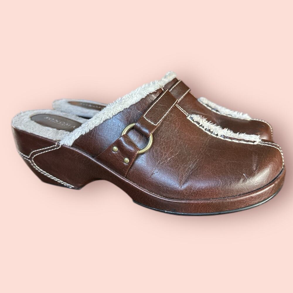 Y2K Brown Clog Mule Wedges Chunky Size 10 Studs Faux Fur Lined Vegan Leather